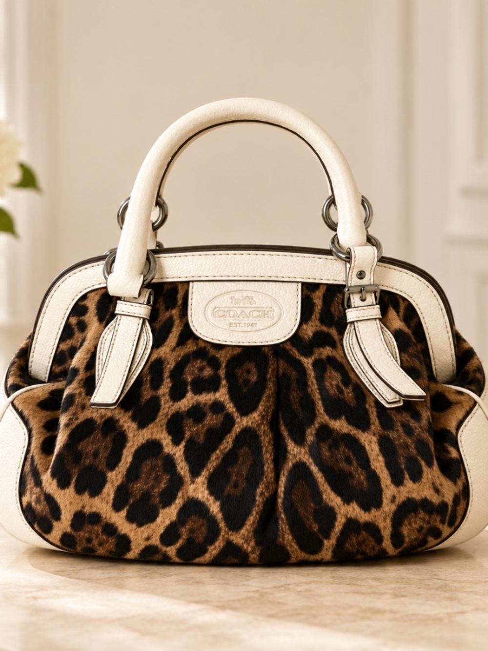 Dolce & Gabbana Leopard Print Leather Trim Handbag Satchel Ivory Brown